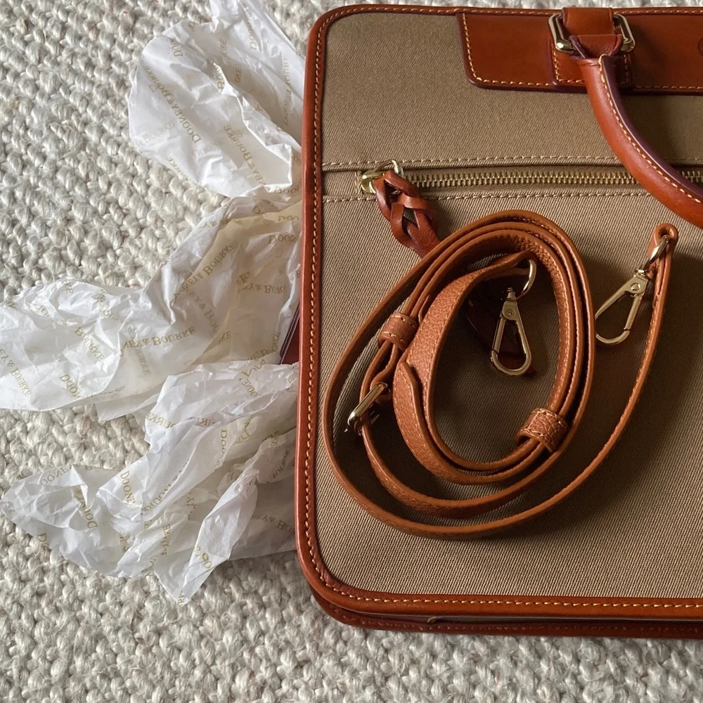 NWT Dooney & Bourke Tan Canvas with Brown Leather Trim Briefcase